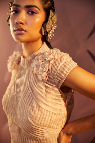 Parul And Preyanka-Peach Applique Top With Trouser And Inner-INDIASPOPUP.COM