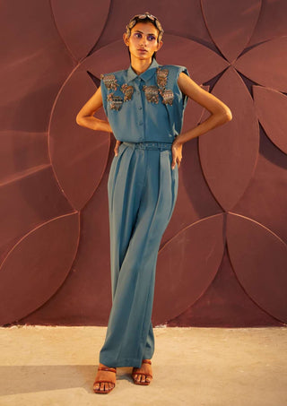 Parul And Preyanka-Teal Embroidered Shirt And Pant-INDIASPOPUP.COM