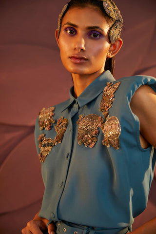 Parul And Preyanka-Teal Embroidered Shirt And Pant-INDIASPOPUP.COM