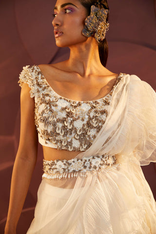Parul And Preyanka-Ivory Ruffle Embroidered Lehenga Set-INDIASPOPUP.COM