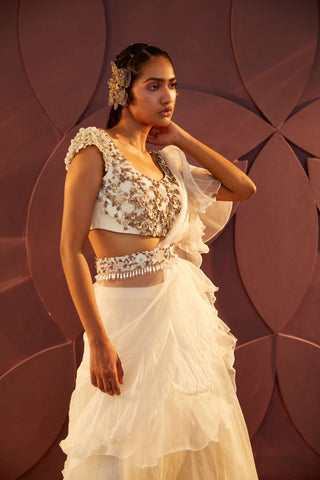 Parul And Preyanka-Ivory Ruffle Embroidered Lehenga Set-INDIASPOPUP.COM