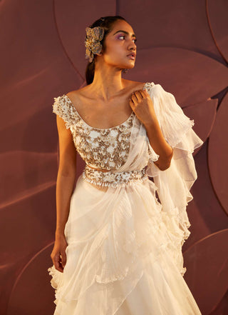 Parul And Preyanka-Ivory Ruffle Embroidered Lehenga Set-INDIASPOPUP.COM