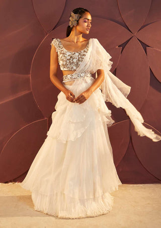 Parul And Preyanka-Ivory Ruffle Embroidered Lehenga Set-INDIASPOPUP.COM