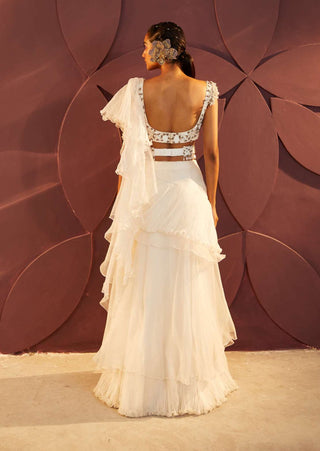 Parul And Preyanka-Ivory Ruffle Embroidered Lehenga Set-INDIASPOPUP.COM