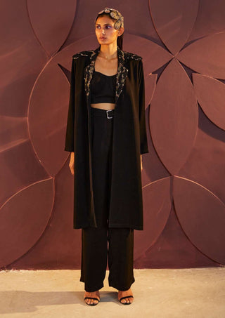 Parul And Preyanka-Black Trench Coat And Pant Set-INDIASPOPUP.COM