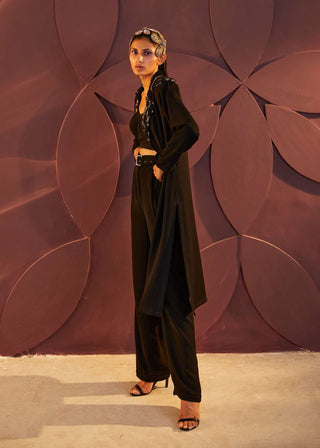 Parul And Preyanka-Black Trench Coat And Pant Set-INDIASPOPUP.COM