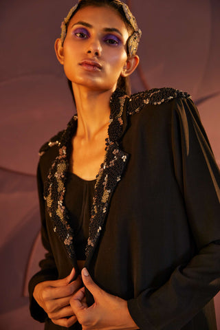 Parul And Preyanka-Black Trench Coat And Pant Set-INDIASPOPUP.COM