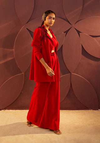 Parul And Preyanka-Red Long Jacket And Pant Set-INDIASPOPUP.COM