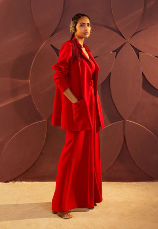 Parul And Preyanka-Red Long Jacket And Pant Set-INDIASPOPUP.COM