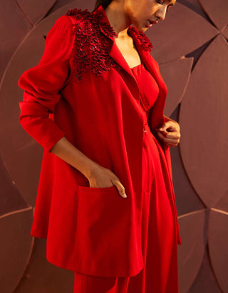 Parul And Preyanka-Red Long Jacket And Pant Set-INDIASPOPUP.COM