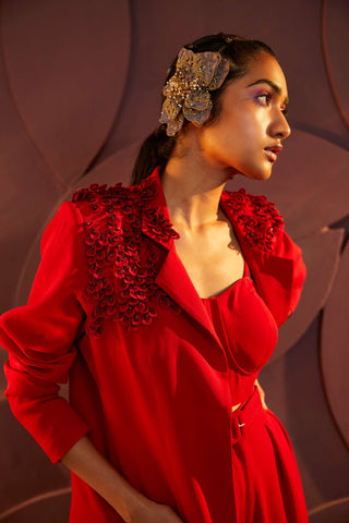 Parul And Preyanka-Red Long Jacket And Pant Set-INDIASPOPUP.COM