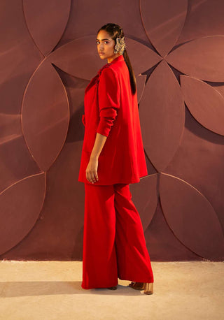 Parul And Preyanka-Red Long Jacket And Pant Set-INDIASPOPUP.COM