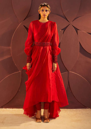 Parul And Preyanka-Red Asymmetric Kurta Set-INDIASPOPUP.COM