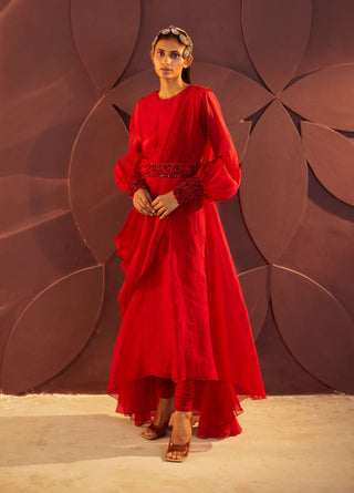 Parul And Preyanka-Red Asymmetric Kurta Set-INDIASPOPUP.COM