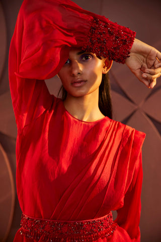 Parul And Preyanka-Red Asymmetric Kurta Set-INDIASPOPUP.COM