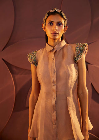 Parul And Preyanka-Dusty Rose Peplum Shirt And Chino Pant Set-INDIASPOPUP.COM