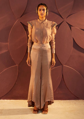 Parul And Preyanka-Rosewood Embroidered Shirt And Flared Pant Set-INDIASPOPUP.COM