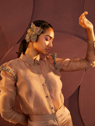 Parul And Preyanka-Rosewood Embroidered Shirt And Flared Pant Set-INDIASPOPUP.COM