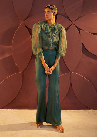 Parul And Preyanka-Teal Embroidered Ruffle Shirt And Pant Set-INDIASPOPUP.COM