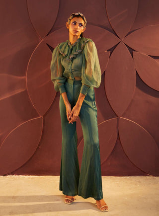 Parul And Preyanka-Teal Embroidered Ruffle Shirt And Pant Set-INDIASPOPUP.COM