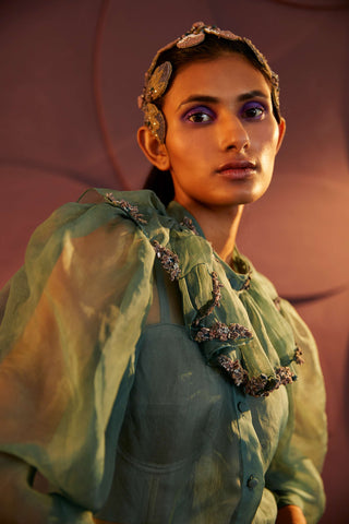 Parul And Preyanka-Teal Embroidered Ruffle Shirt And Pant Set-INDIASPOPUP.COM