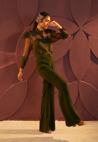 Parul And Preyanka-Forest Green Embroidered Shirt And Pant Set-INDIASPOPUP.COM