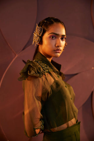 Parul And Preyanka-Forest Green Embroidered Shirt And Pant Set-INDIASPOPUP.COM