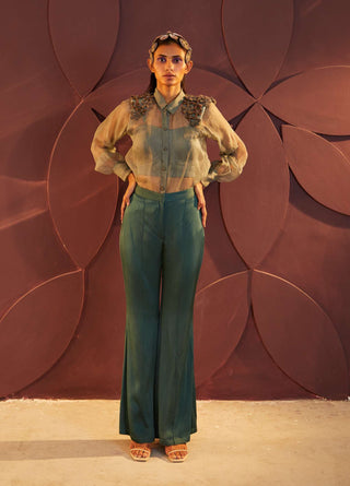 Parul And Preyanka-Teal Embroidered Shirt And Flared Pant Set-INDIASPOPUP.COM