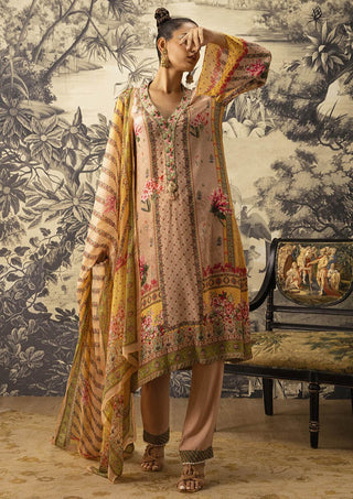 Kalista-Beige A-Line Printed Kurta Set-INDIASPOPUP.COM