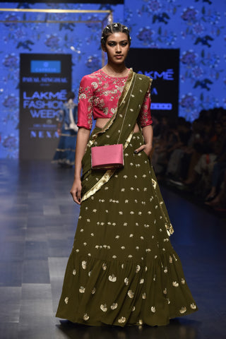 Payal Singhal-Olive Green & Pink Drape Lehenga Set-INDIASPOPUP.COM