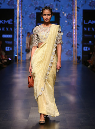 Payal Singhal-Pale Yellow Embroidered Saree Set-INDIASPOPUP.COM