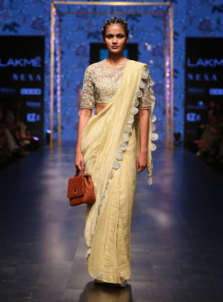 Payal Singhal-Pale Yellow Embroidered Saree Set-INDIASPOPUP.COM