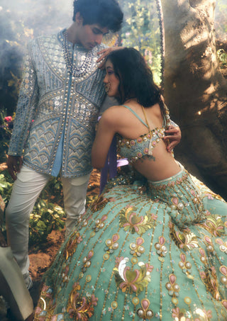 Papa Don'T Preach By Shubhika-Green Teal Lotus Lehenga Set-INDIASPOPUP.COM