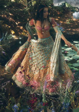 Papa Don'T Preach By Shubhika-Teal Pink Bridal Embroidered Lehenga Set-INDIASPOPUP.COM