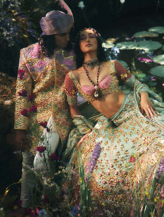 Papa Don'T Preach By Shubhika-Teal Pink Bridal Embroidered Lehenga Set-INDIASPOPUP.COM