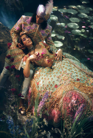 Papa Don'T Preach By Shubhika-Teal Pink Bridal Embroidered Lehenga Set-INDIASPOPUP.COM