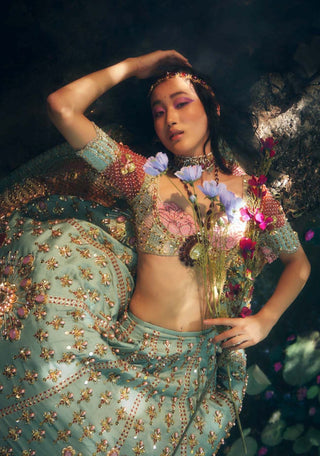 Papa Don'T Preach By Shubhika-Teal Pink Bridal Embroidered Lehenga Set-INDIASPOPUP.COM