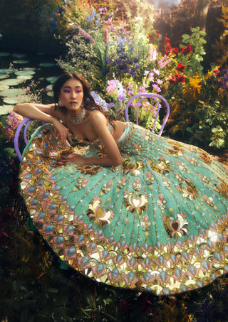 Papa Don'T Preach By Shubhika-Green Teal Lotus Lehenga Set-INDIASPOPUP.COM