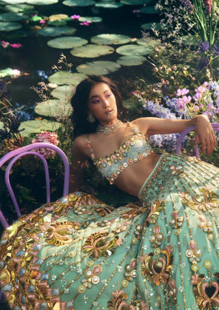 Papa Don'T Preach By Shubhika-Green Teal Lotus Lehenga Set-INDIASPOPUP.COM