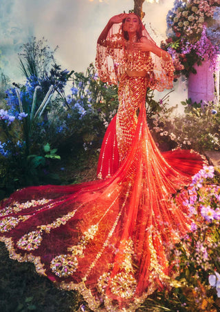 Papa Don'T Preach By Shubhika-Fiery Red Fishcut Lehenga Set-INDIASPOPUP.COM