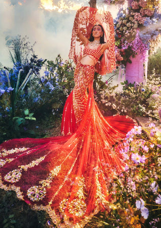 Papa Don'T Preach By Shubhika-Fiery Red Fishcut Lehenga Set-INDIASPOPUP.COM