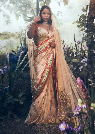 Papa Don'T Preach By Shubhika-Ivory Red Pre-Draped Sari Set-INDIASPOPUP.COM