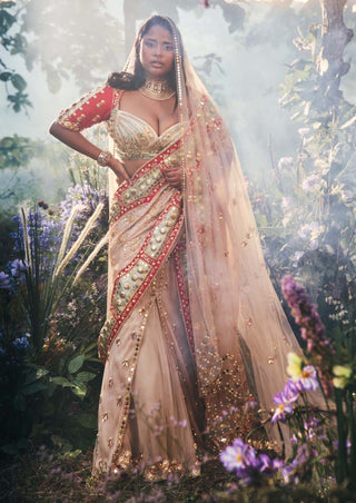 Papa Don'T Preach By Shubhika-Ivory Red Pre-Draped Sari Set-INDIASPOPUP.COM