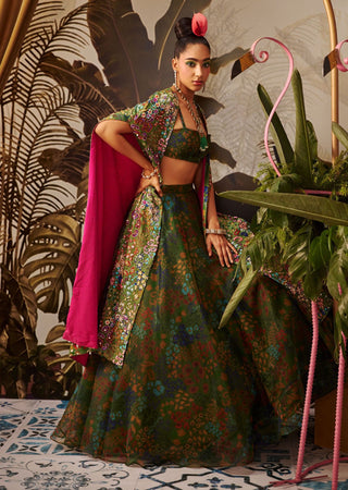 Payal And Zinal-Green Printed Bustier With Skirt And Cape-INDIASPOPUP.COM