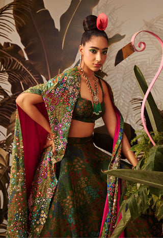 Payal And Zinal-Green Printed Bustier With Skirt And Cape-INDIASPOPUP.COM