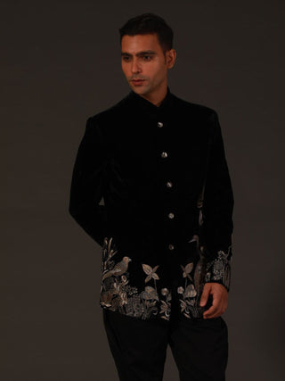 Rohit Bal-Black Silk Velvet Embroidery Bandhgala-INDIASPOPUP.COM
