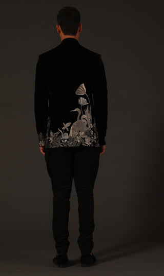 Rohit Bal-Black Silk Velvet Embroidery Bandhgala-INDIASPOPUP.COM