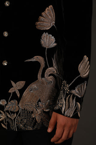 Rohit Bal-Black Silk Velvet Embroidery Bandhgala-INDIASPOPUP.COM
