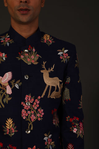 Rohit Bal-Indigo Blue Matka Silk Bandhgala-INDIASPOPUP.COM