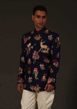 Rohit Bal-Indigo Blue Matka Silk Bandhgala-INDIASPOPUP.COM